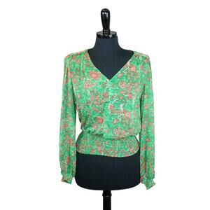 Maison d'Amelie Blouse Peasant Green Orange Print Smocked Waist Boho S